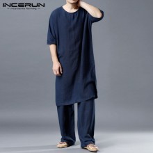 INCERUN Men Chinese Style Sets Cotton Loose Vintage Solid Half Sleeve Long Tops Straight Long Trousers Casual Men Comfy Suits 7