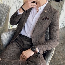 Luxury Men Slim Fit Check Suit Men Business Office Formal Suits 2 Pcs Set Blazers Pant Casual Wedding Social