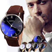 Men Watch Roman Numerals Blu-Ray Faux Leather Band Quartz Analog Business Wrist Watch