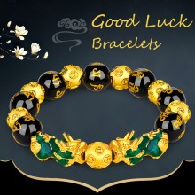 Feng Shui Pi Xiu Obsidian Wristband Gold Wealth & Good Luck Bracelets