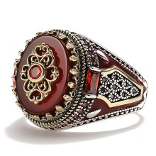 Retro Luxury Natural Red Stone Turkish Handmade Crown Ring Is Suitable for Men and Women