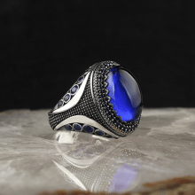 Vintage Turkish Handmade Rings For Men Retro Big Blue Zircon Silver Color Geometric Punk Rings