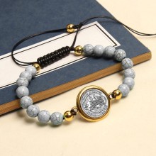 Vintage Saint Benedict Bracelet Adjustable Rosary Beads Medal Colors Stone Charm