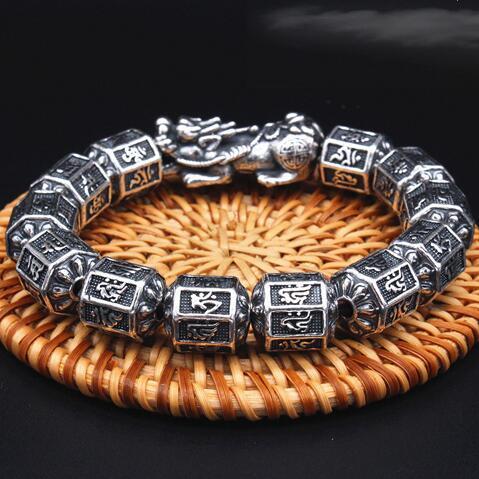 100% 999 Silver Buddhist Eight Buddha’s Mantra Beads Bracelet Fengshui Wealth Pixiu Beaded Bracelet Good Luck Bracelet