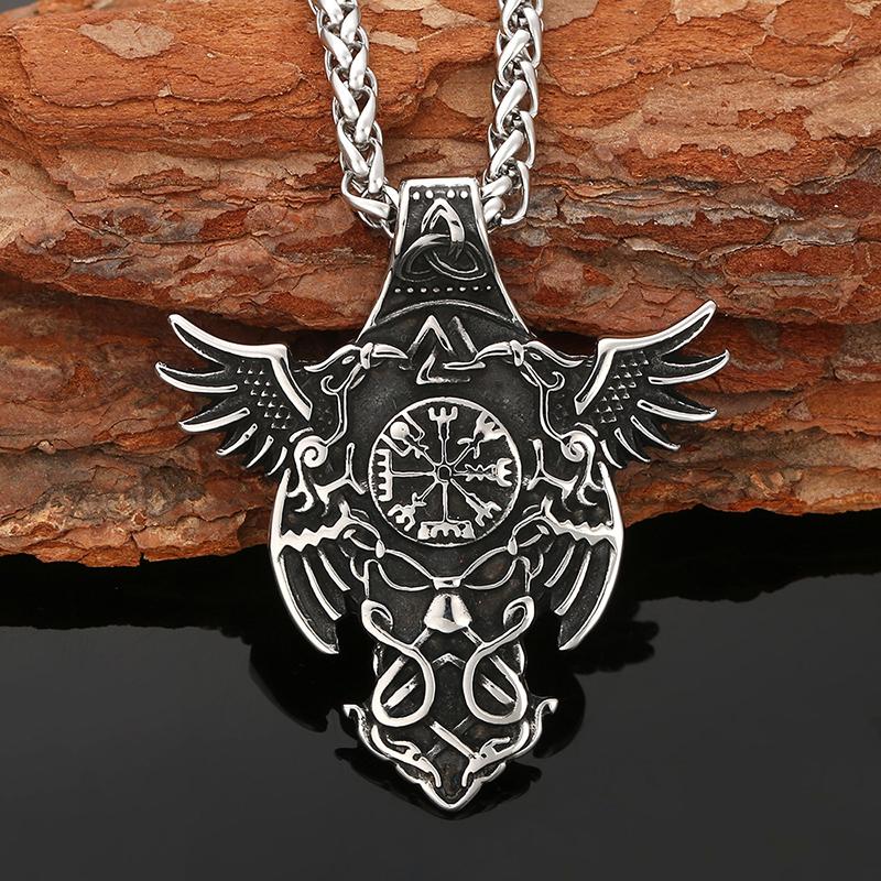 Fine Hand-made Men’s and Women’s Nordic Viking Double Crow Compass Vegvisir Pendant Necklace