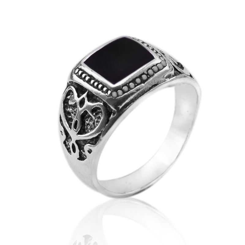 High Quality Antique Silver Plated Men Ring New Ring Black Square Enamel Rings Fine Jewelry