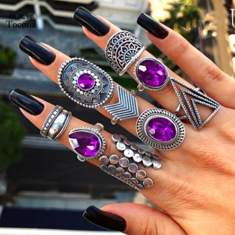 9pcs/sets Purple Rhinestone Vintage Silver Color Rings for Women Flowers Geometry Bohemian Jewelry
