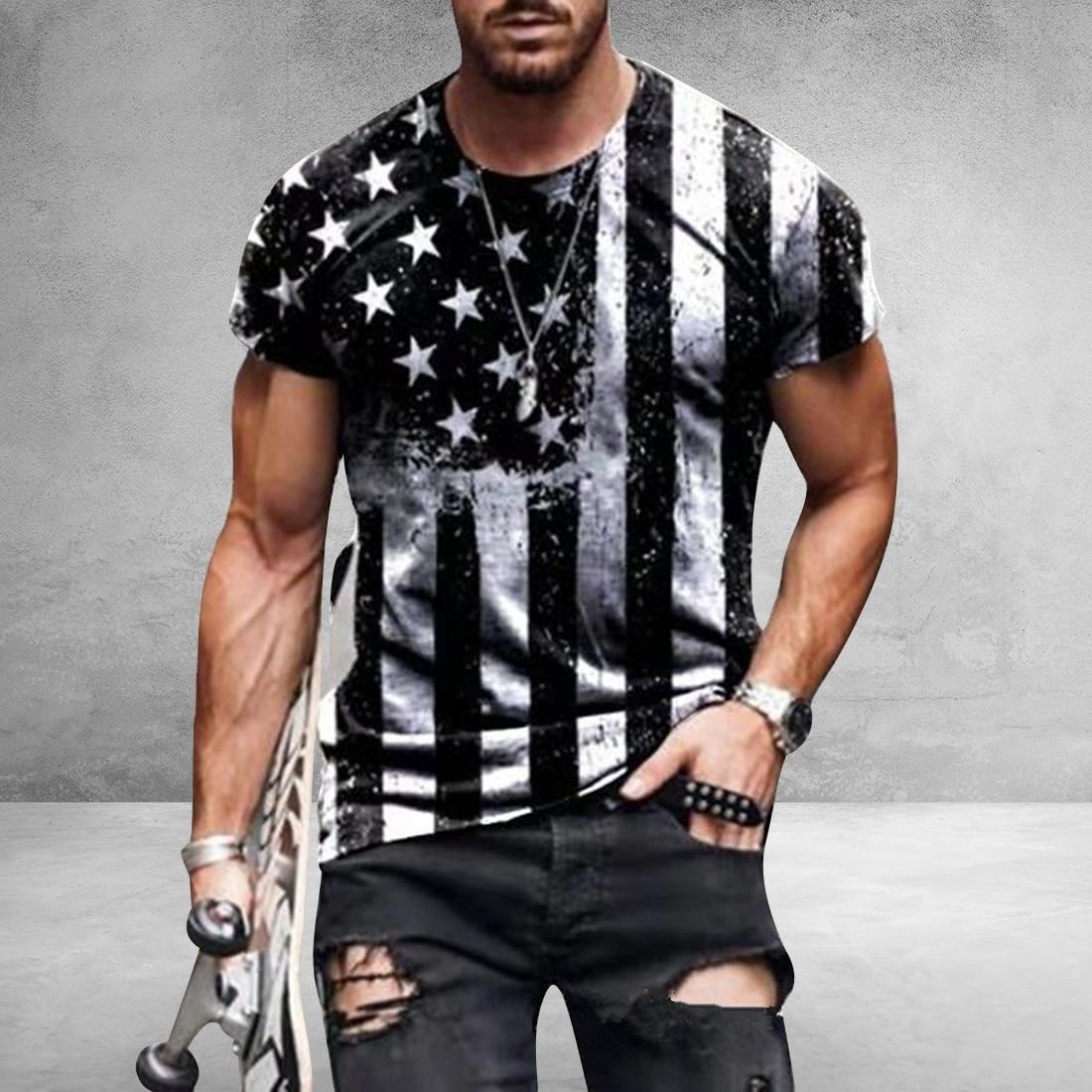2021 Men’s T-shirt American Flag Print T-shirt Summer Round Neck Cool Oversize Muscle Streetwear Clothing Tshirt Men