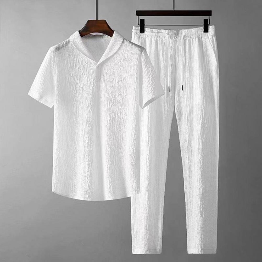 2Pcs/Set Summer Outfits Men’s Sets Pure Color Short Sleeve Shirts Pants Two Piece Set Men Tracksuits