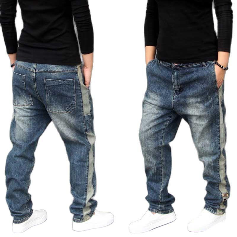 Korean Fashion Elastic Harem Jeans Side Stripe Men Casual Loose Baggy Drop Crotch Denim Joggers Pants Hip Hop Trousers Clothes