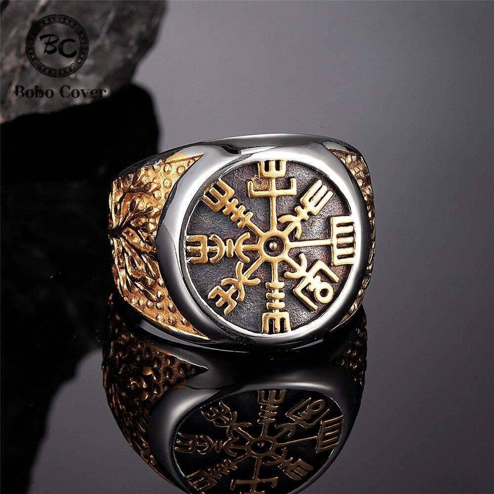 Never Fade Mix Gold Vikings Trident Runes Rings Men Stainless Steel Norse Mythology Valknut Amulet Finger Ring Male Jewelry Gift