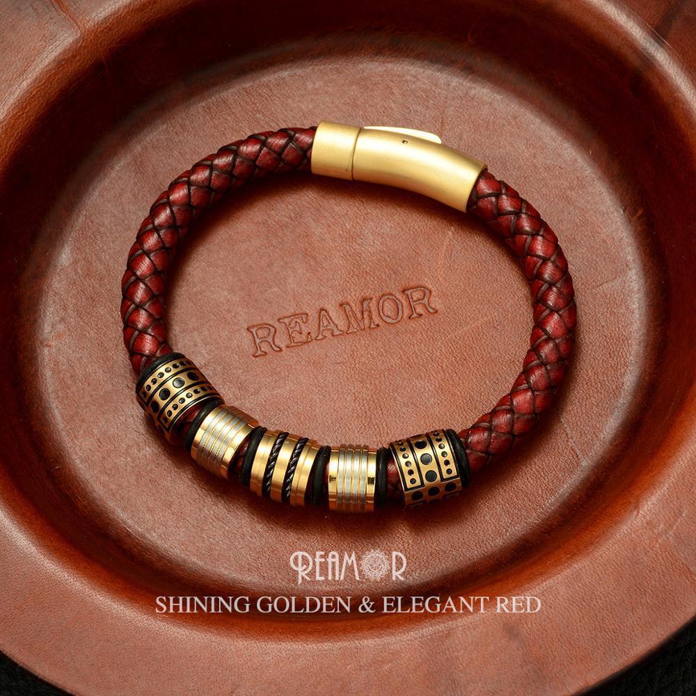 REAMOR 8mm Red Braided Full-Grain Leather Men’s Bracelet Stainless steel Shining Golden Beads Charm Bracelets Bangle Jewelry