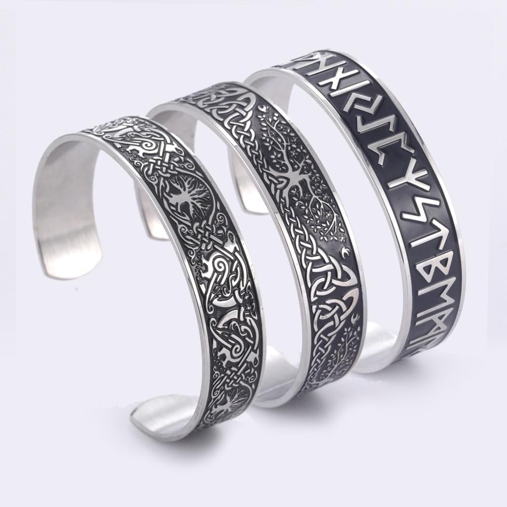 Teamer Stainless Steel Nordic Viking Runes Bangle Men Women Wicca Amulet Vintage Tree of Life Cuff Bracelet Jewelry Couple Gifts