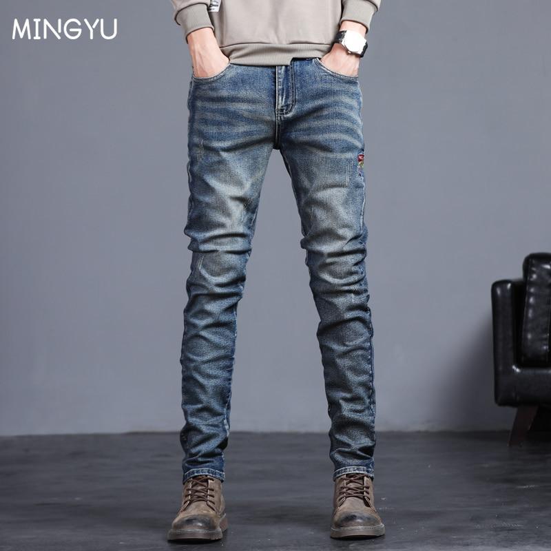 New Autumn Winter Men’s Jeans Vintage Blue Solid Color Elastic Classic Jeans Men Slim Fashion Denim Trousers Male