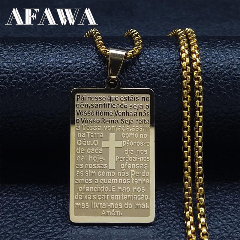 Chrisitian Cross Bible Verse Prayer Necklace Stainless Steel Portuguese Religious Necklaces Jewelry collar hombre N2035S02