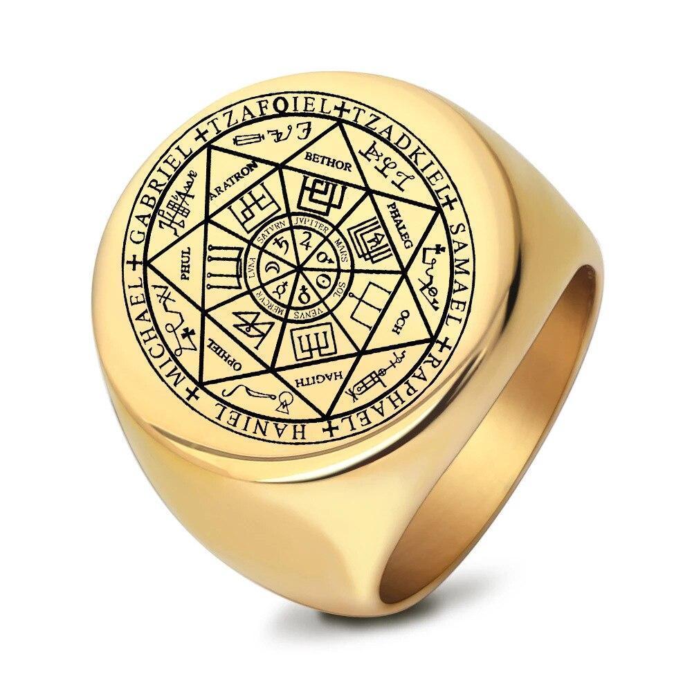 The Seals of The Seven Archangels Protection Amulet Seal Solomon Kabbalah Mens Womens Gold Plated Polished Ring