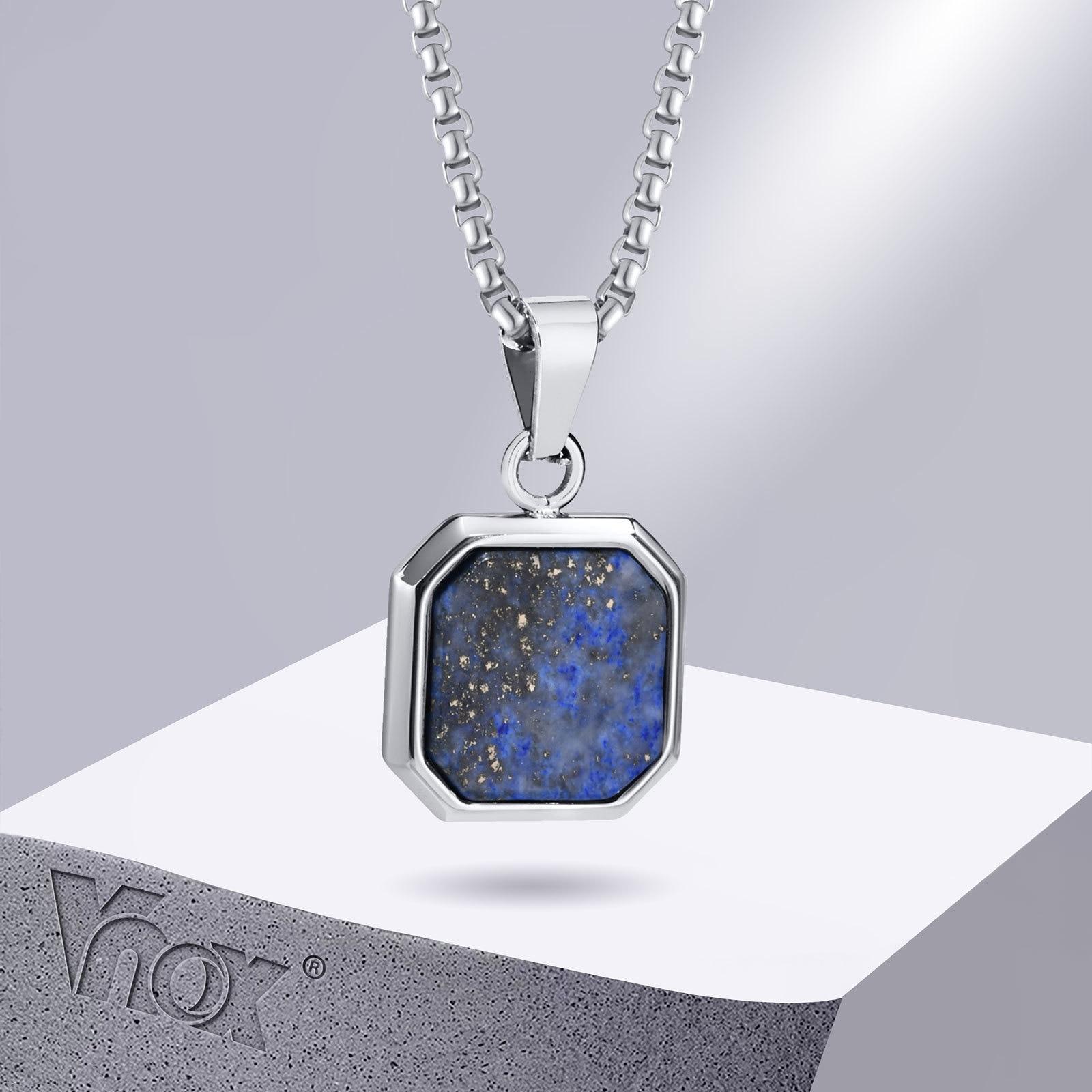 Vnox 15mm Square Pendant Necklace for Men, Gemetric Enamel Lapis Lazuli Stone Pendant with Box Chain, Simple Sport Neck Collar