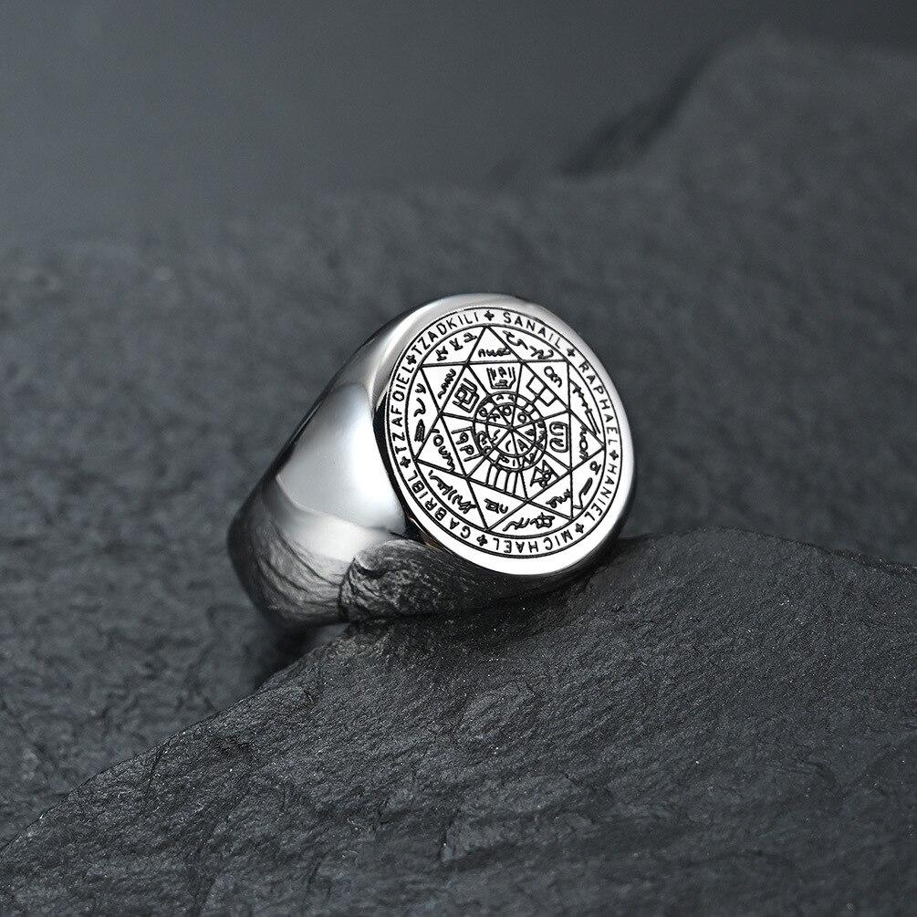 Elf Star Heptagram Seal of The Seven Archangels Rings Stainless Steel Seal Solomon Saint Michael Finger Ring Jewelry Engraving