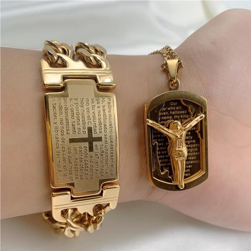 Mens Stainless Steel Bracelet Gold Color Cuban Chain Jesus Cross Bracelet Man High Quality Jewelry Male Birthday Gift