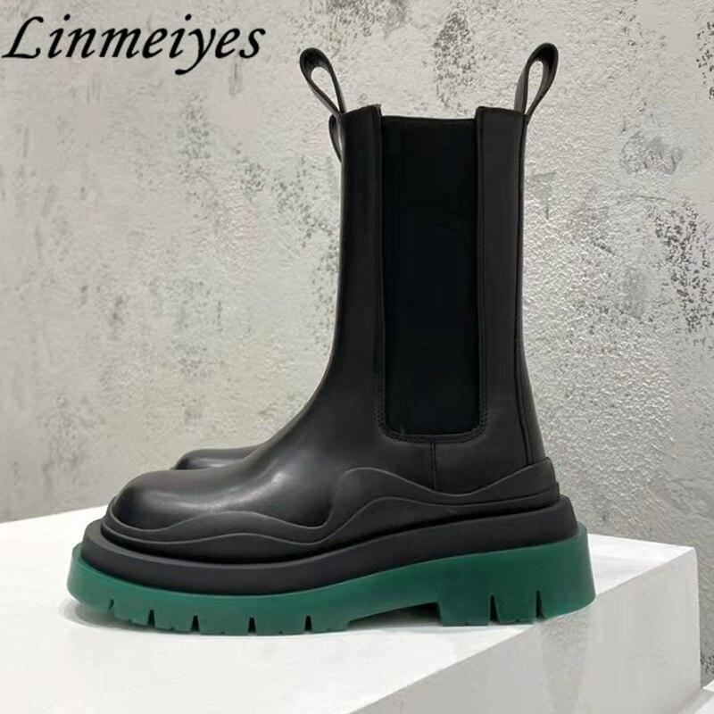 Thick Genuine Leather Sole Chelsea Mid Calf Boots Women Genuine Leather Short Boots Ladies Runway Shoes Woman Platform Boots