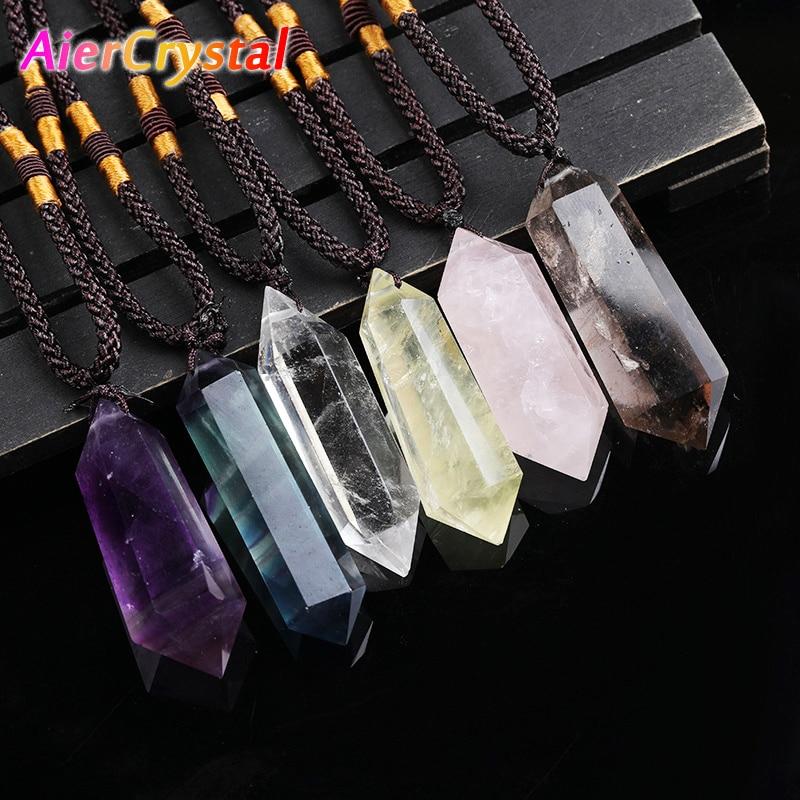 1PCS Natural Crystal Quartz Double Point Pendant Crystal Column Men and Women Pendant Aura Energy Healing Stone Necklace Gift