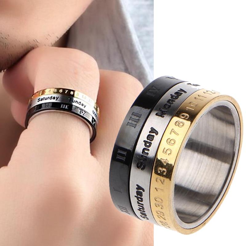 Titanium Steel Cool Punk Spinner Male Date Time Calendar Creative Rotatable 3 Part Roman Numerals Ring Mens Anxiety Fidget Rings