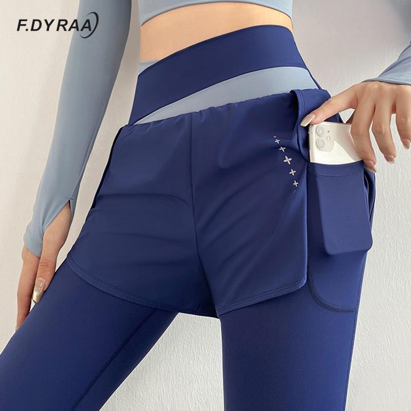 Women’s Gym Leggings Elastic High Waist Fake Two Pieces Yoga Pants With Zipper Pockets Sportswear Woman Gym Yoga Wear