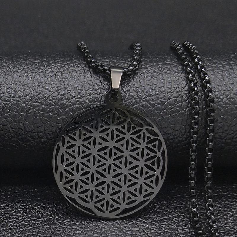 Flower of Life Stainless Steel Necklace Chain Women/Men Long Black Color Necklaces & Pendants Jewelry colgante N429S08