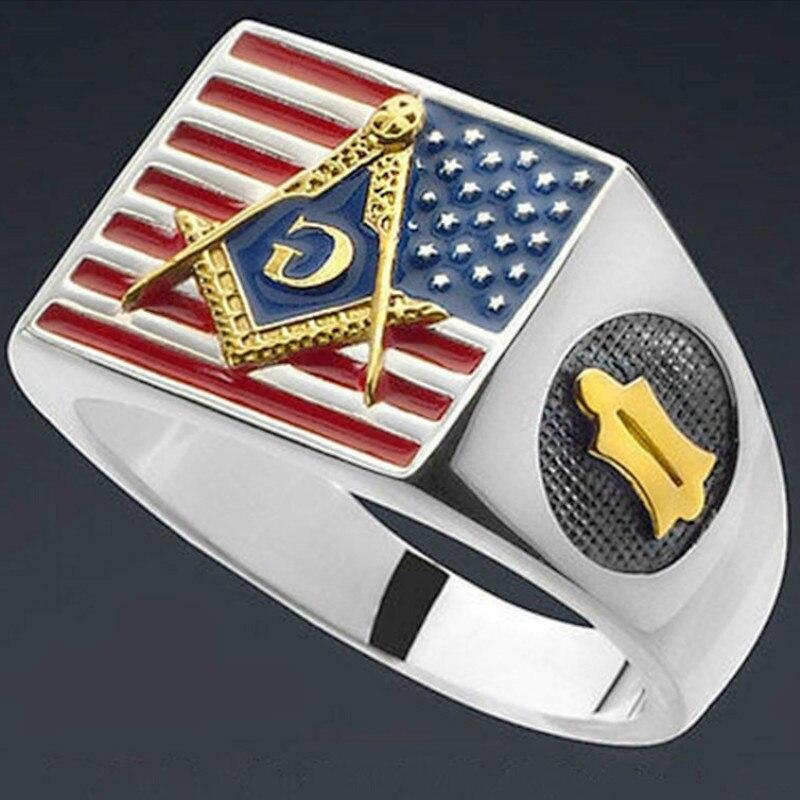 Gothic AG Masonic Mens Ring Jewelry USA Flag Men’s Punk Freemason Jewelry