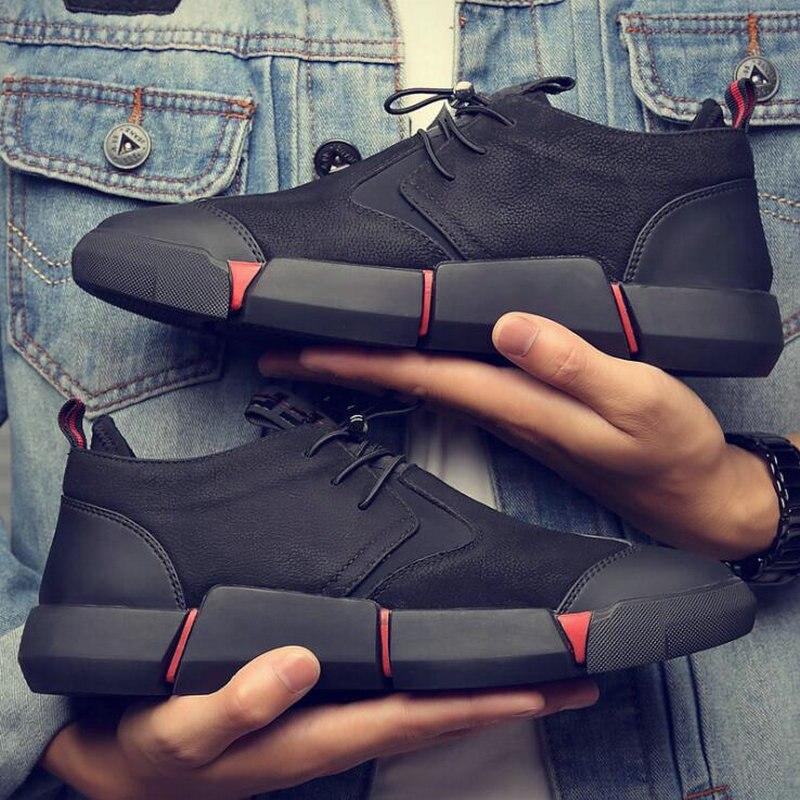Brand High quality all Black Men’s leather casual shoes Fashion Sneakers winter keep warm with fur flats big size 45 46 896