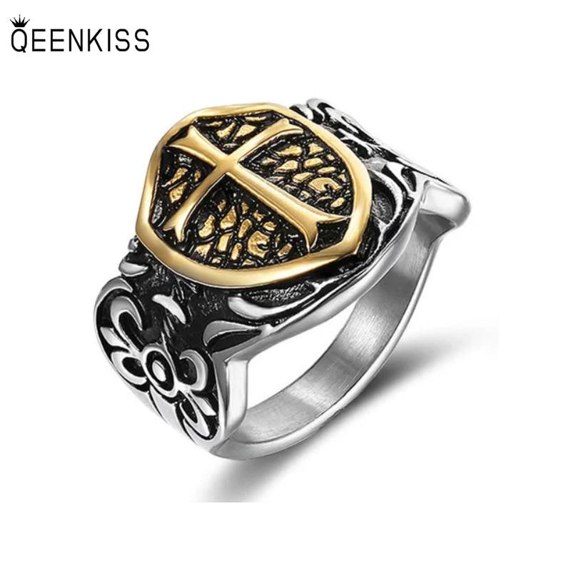 QEENKISS RG8107 Fine Jewelry Templar Knight Cross Shield Titanium Steel Ring