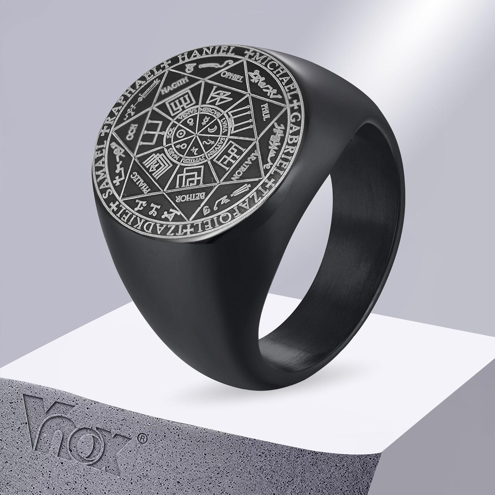 Vnox Seven Seals of Angels Rings for Men, Round Top Stamp Finger Band, Metatron Cube Stamp Ring,