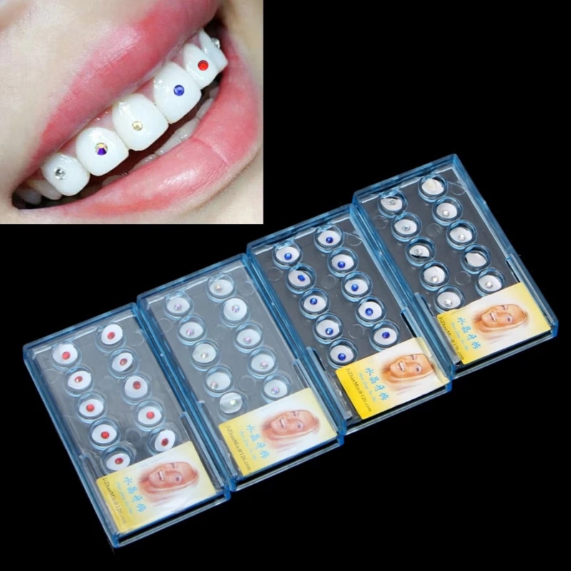 10Pcs 4Colors Shiny Acrylic Teeth Decoration Without Glue Backside Glittering Party Cosplay Oral Denture Nail Ornament