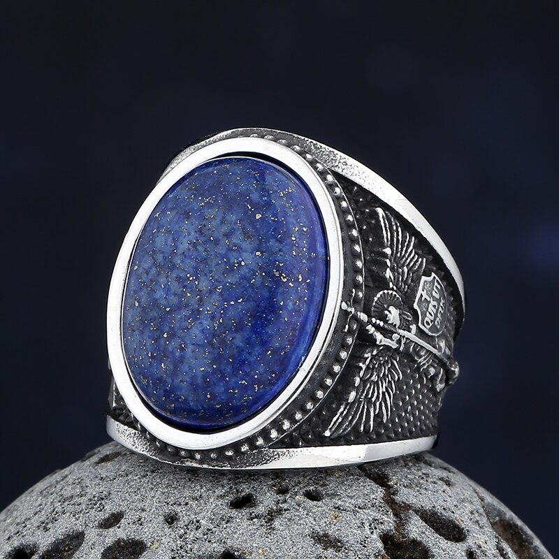 316L Stainless Steel Archangel Gabriel Sheild Ring With Stone Mens Fashion indian Style Blue Zircon Anel Party Engagement Gift