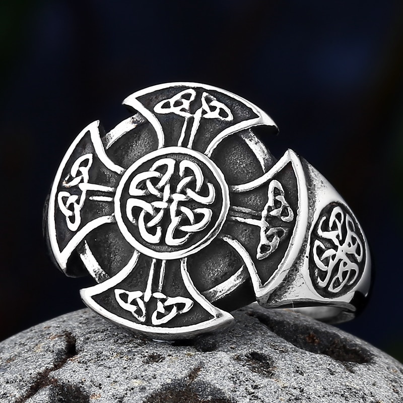 New Vintage Stainless Steel Cross Knot Ring Men Nordic Viking Axe Aegishjalmur Anels Male Norse Mythology Jewelry
