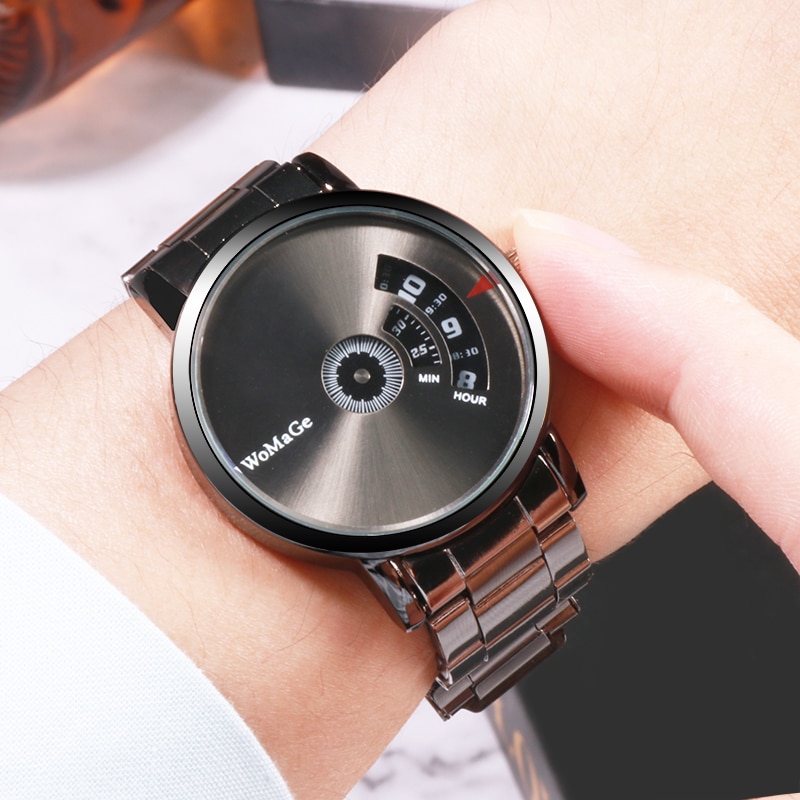 Men Watch black stainless steel Quartz Unique watches mens WoMaGe Brand Turntable Ko Saati Business Relogio Masculino Male reloj