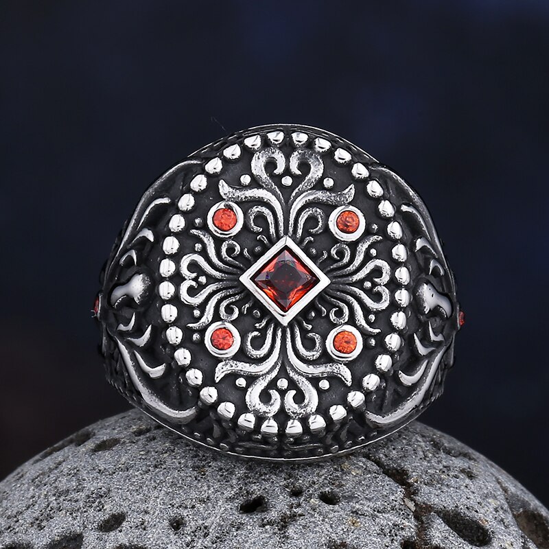 Wealth Amulet 316L Stainless Steel Retro Turkish Signet Pattern Totem Rings With Red & Black Inlay Zircon For Men